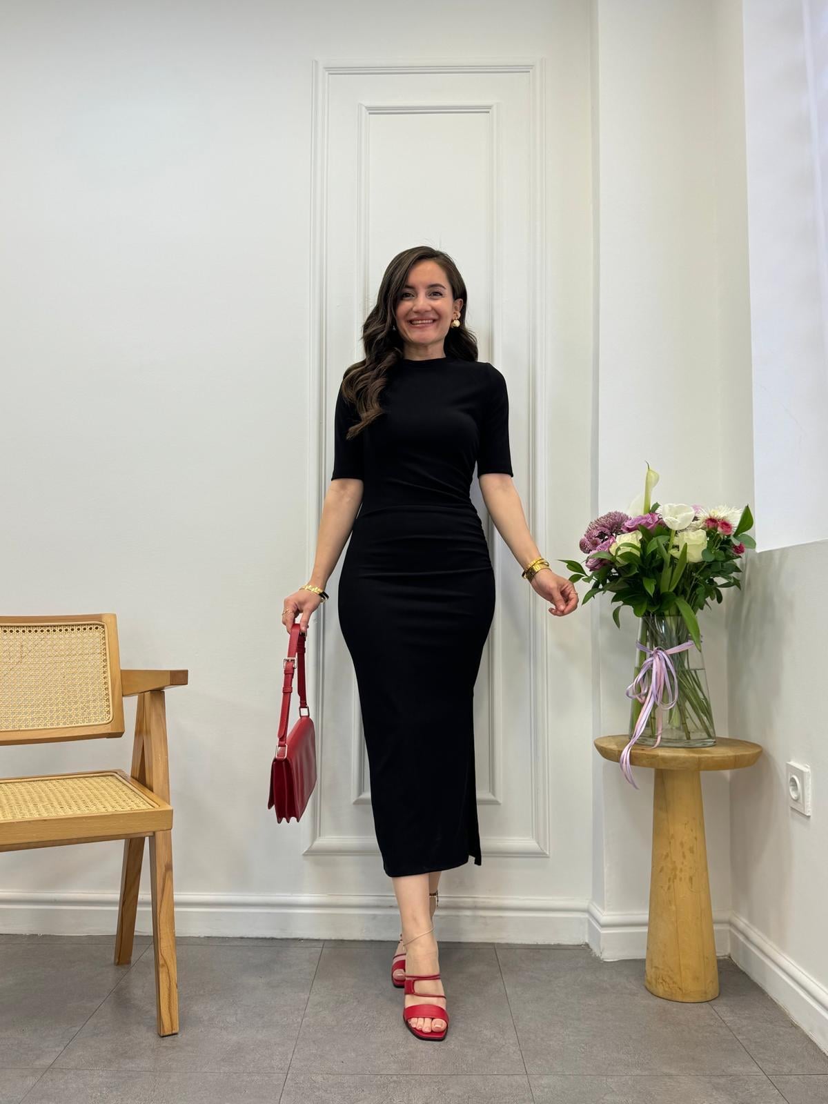 Siyah Bisiklet Yaka Yan Drapeli Ottoman Kumaş Elbise 1013