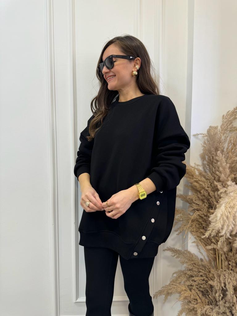 Siyah Bisiklet Yaka Yanı Çıtçıtlı Oversize Sweatshirt 8248
