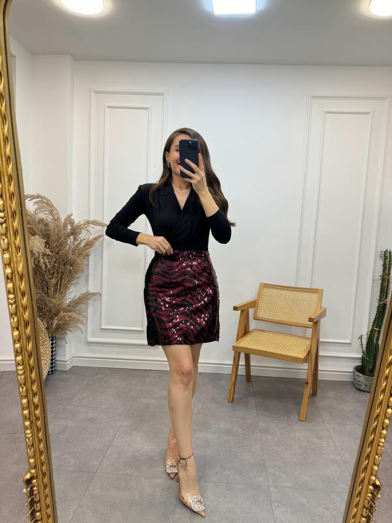 Siyah Bordo Payetli Etek 28264
