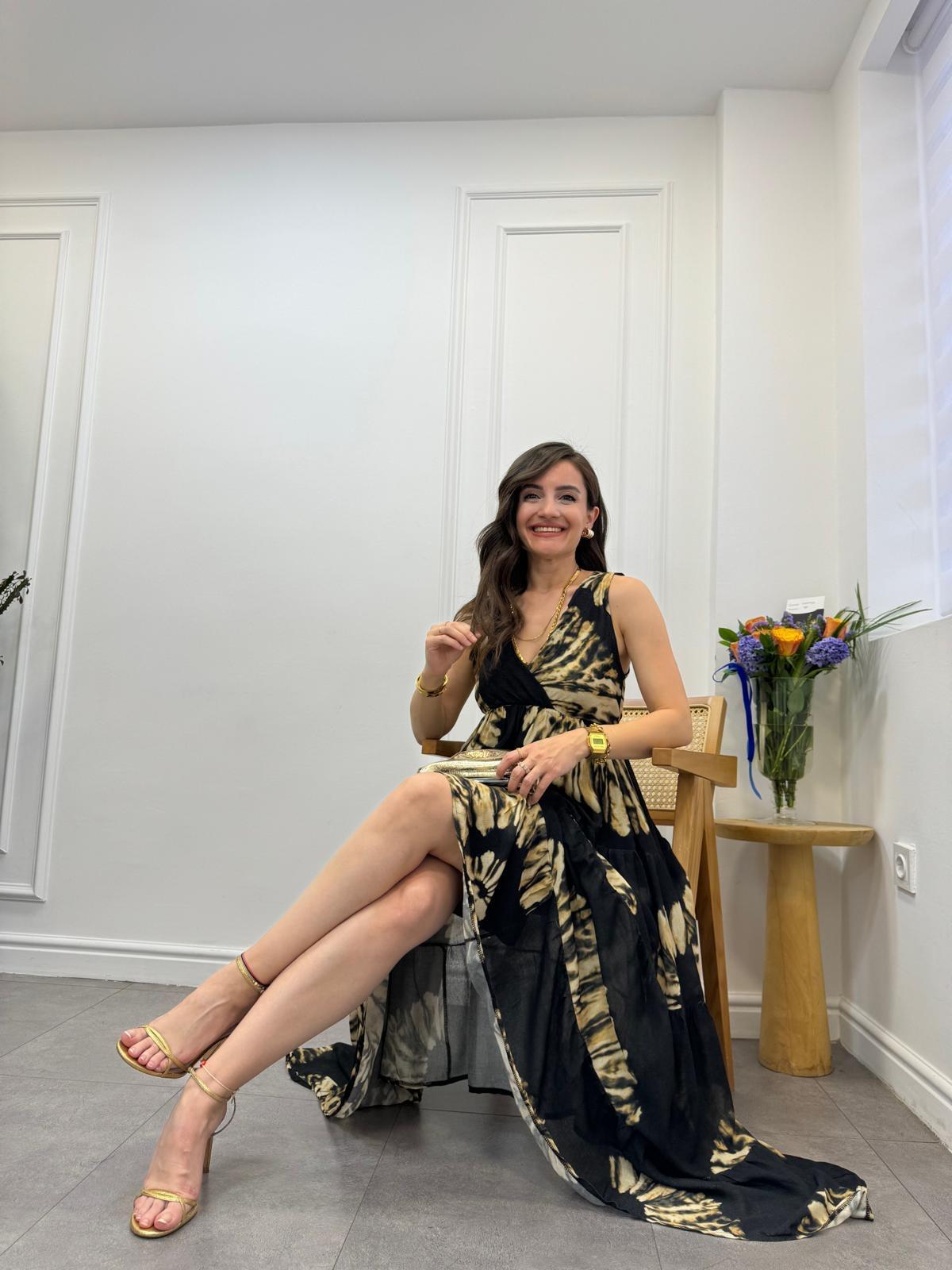 Siyah Camel Desenli V Yaka Elbise 3197