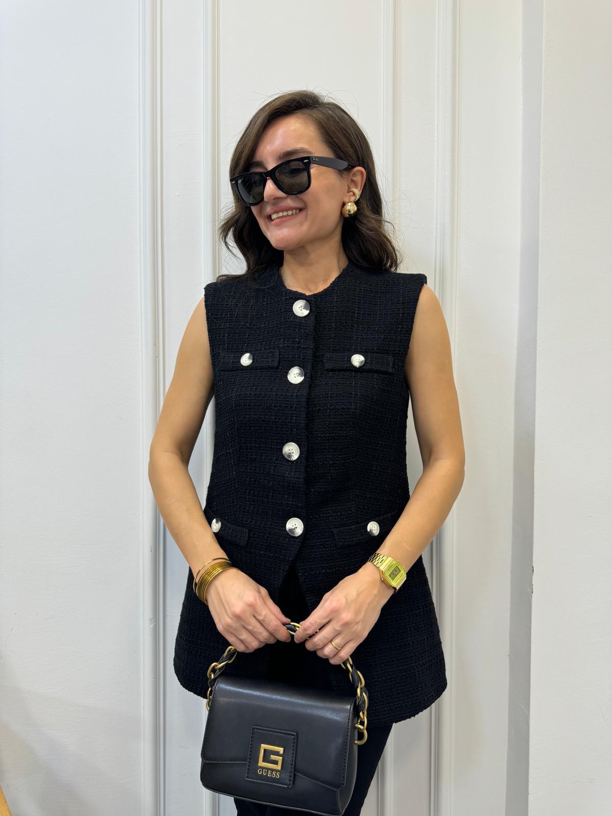 Siyah Cep Detaylı Düğmeli Astarlı Tüvit Yelek 2077