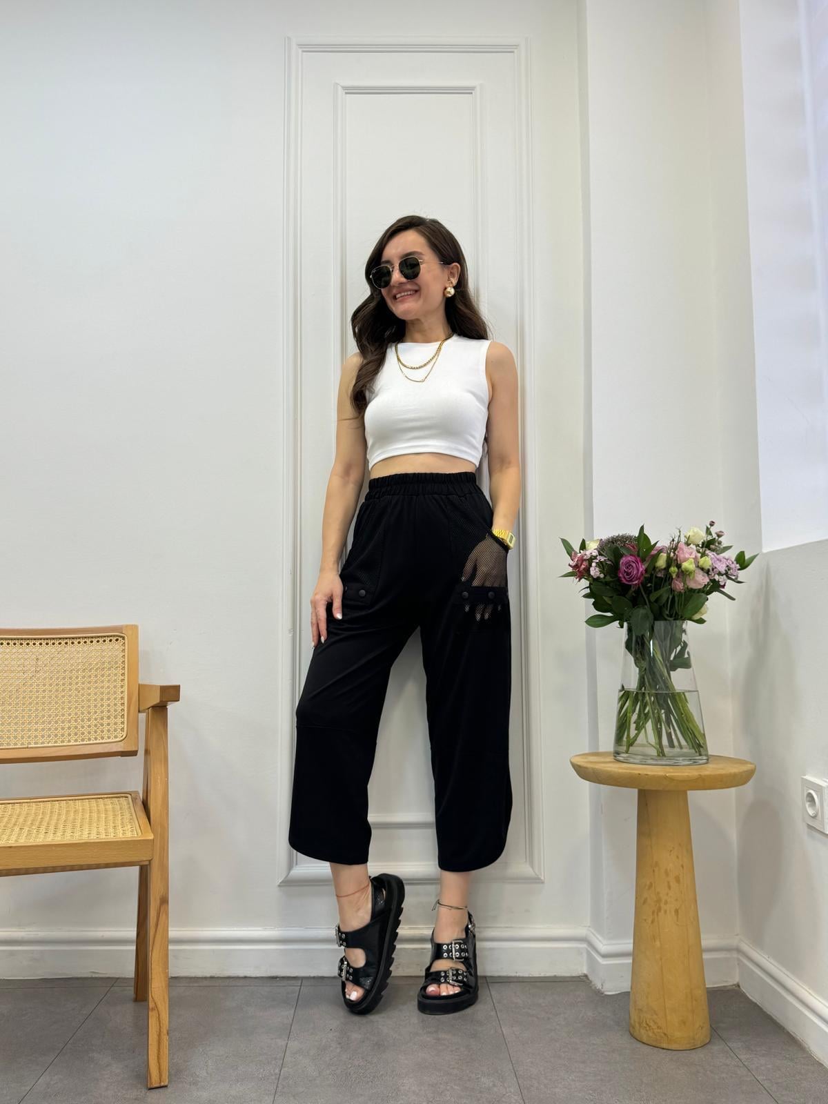 Siyah Cep File Detaylı Likralı Pantolon 28492