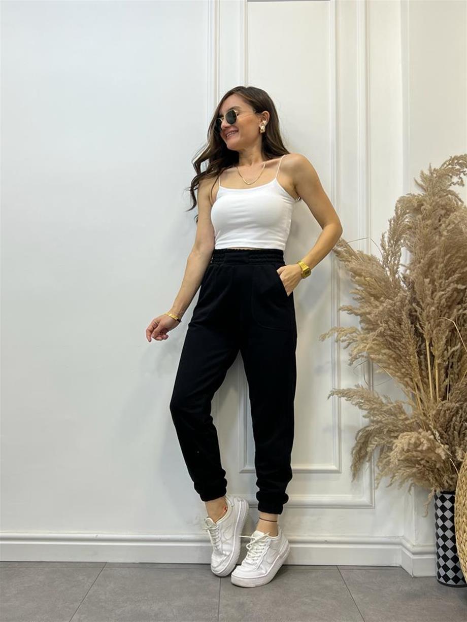 Siyah Cepli Bel Paça Lastikli Alt Eşofman 5045
