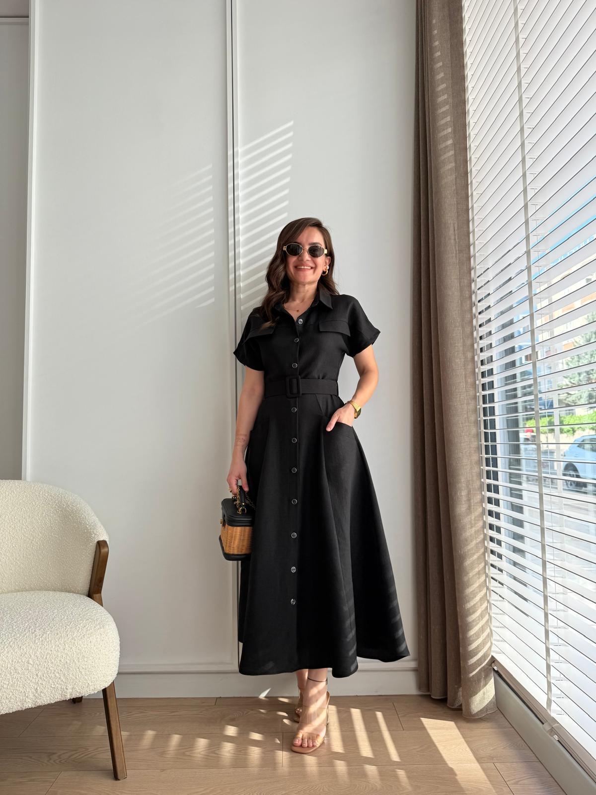 Siyah Cepli Kemerli Midi boy Gömlek Elbise 5153