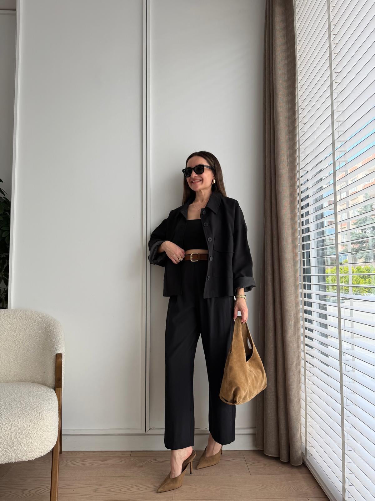 Siyah Cepli Oversize Kemerli Takım 9025
