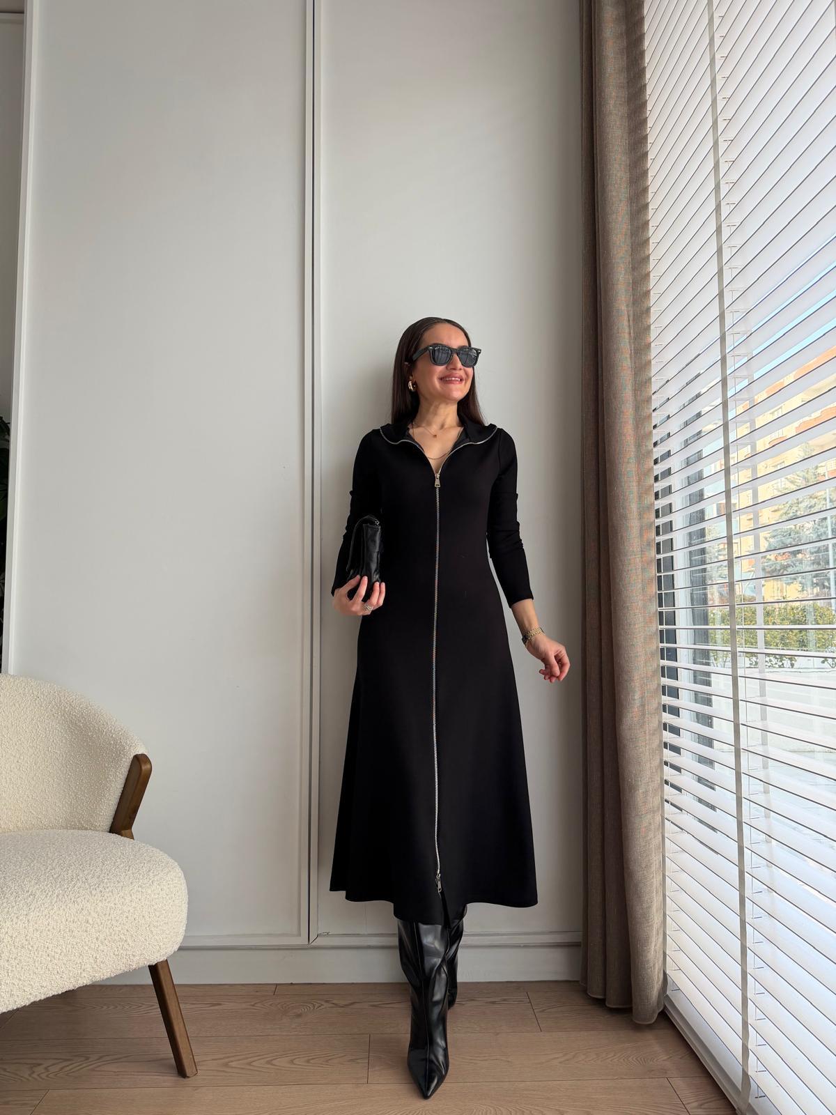 Siyah Çift Fermuarlı Midi Boy Elbise 2323