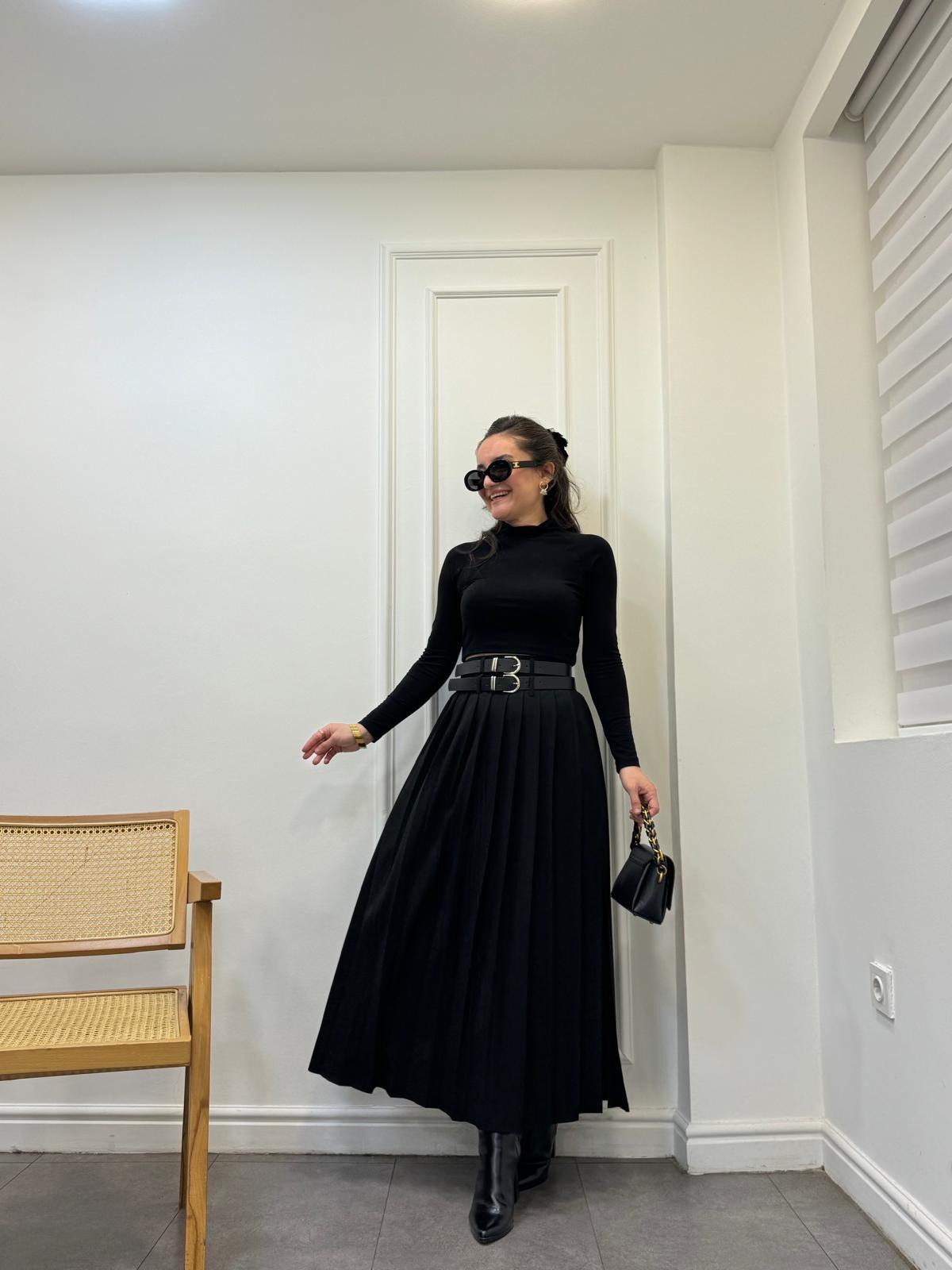 Siyah Çift Kemer Detaylı Piliseli Etek 1089