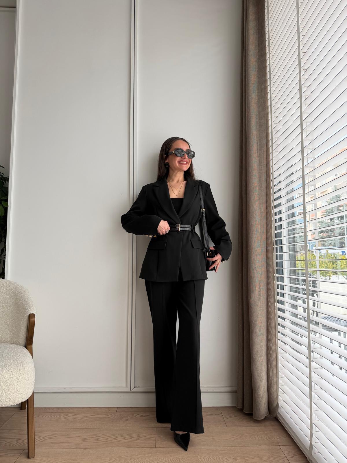 Siyah Çift Kemerli Blazer Ceket Pantolon Takım 9268