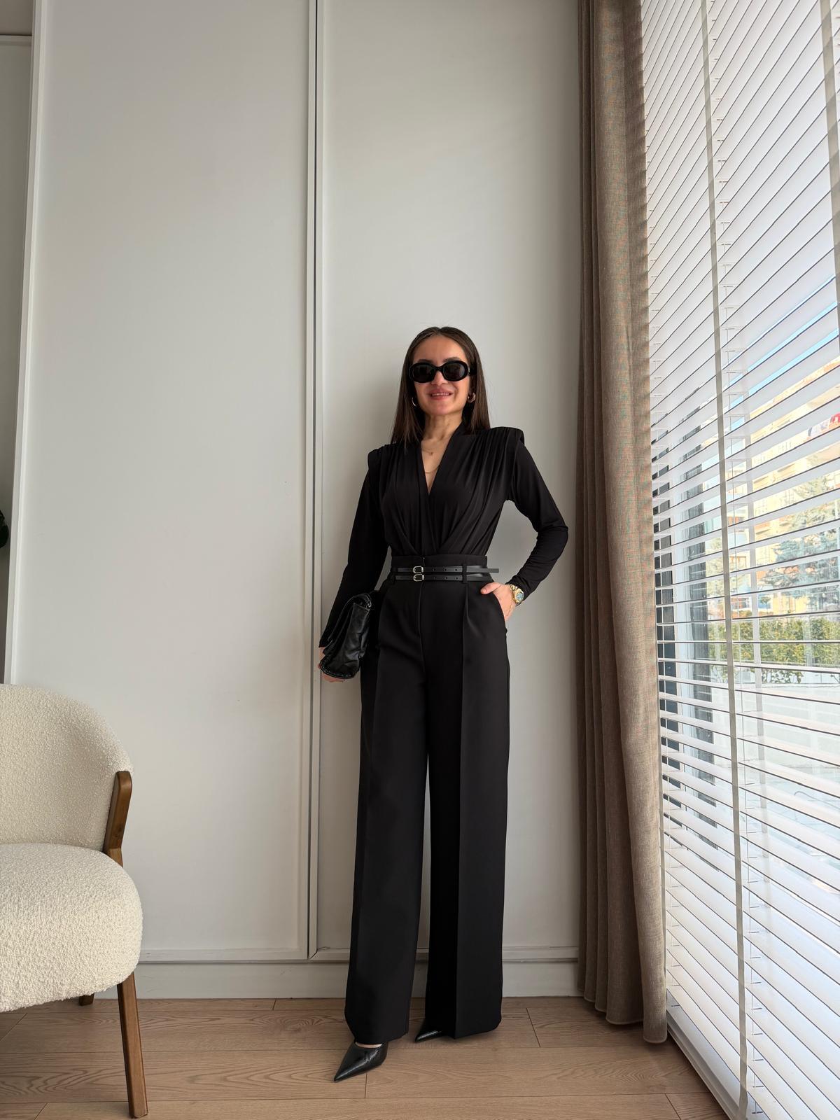 Siyah Çift Kemerli Palazzo Pantolon 3663