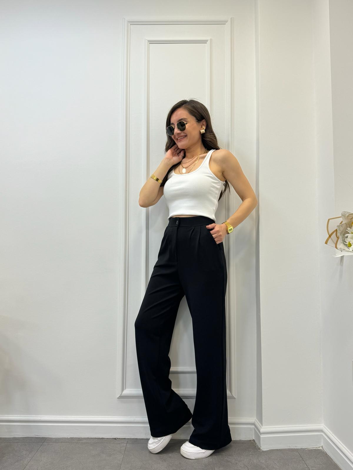 Siyah Çift Pensli Likralı Palazzo Pantolon 3850