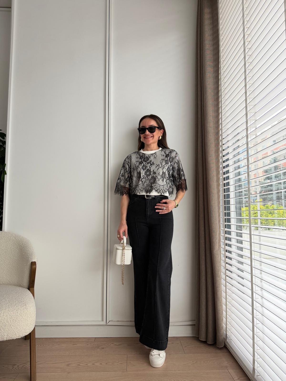 Siyah Çımalı Süet Kemerli Jean 7163