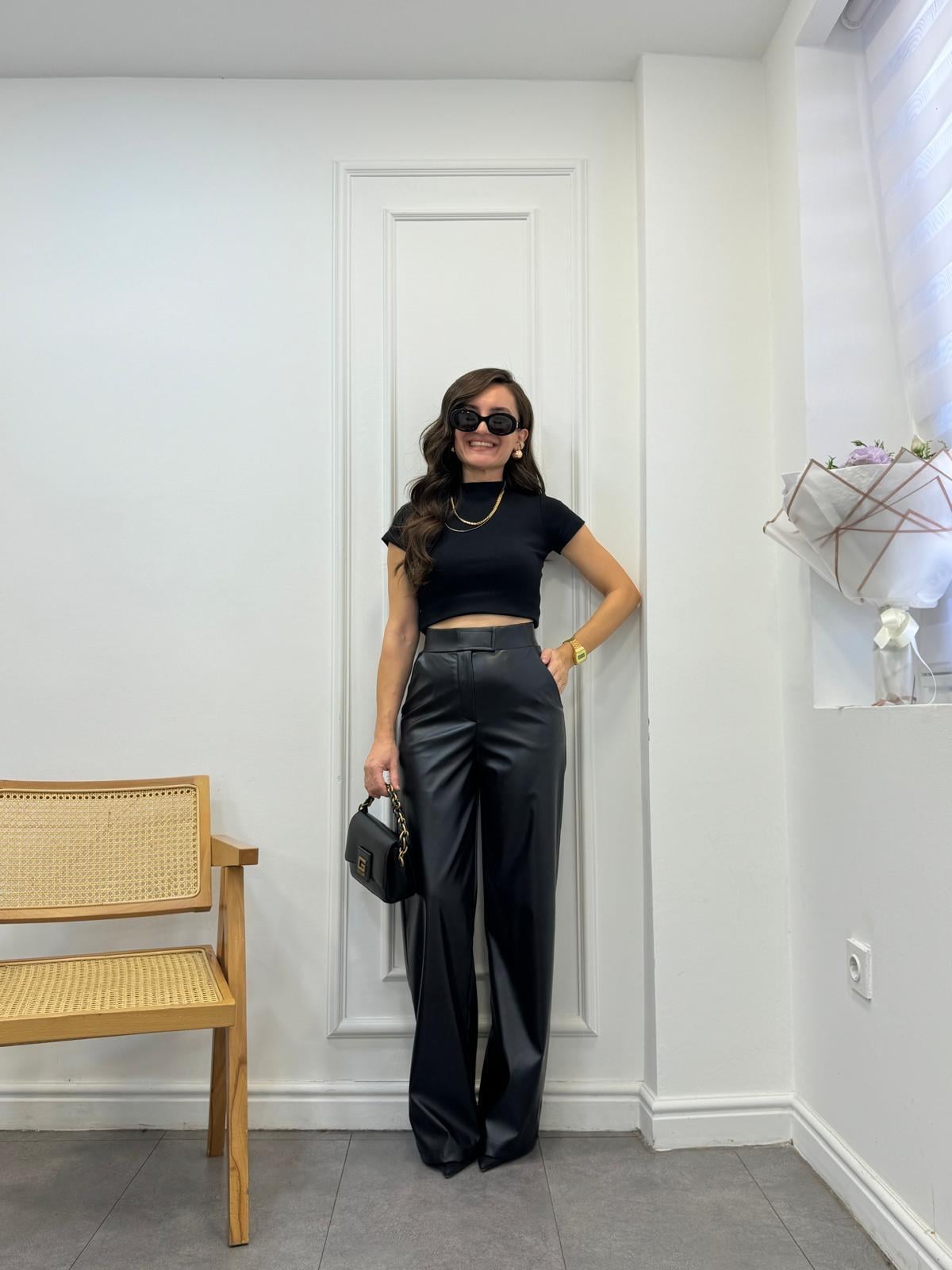 Siyah Çırt Çırtlı Deri Palazzo Pantolon 3893