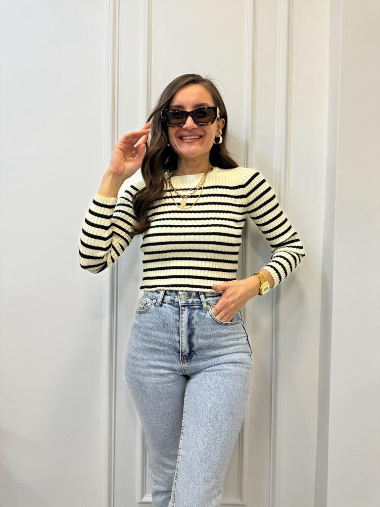 Siyah Çizgili Bisiklet Yaka Fitilli Uzun Kollu Crop 4148