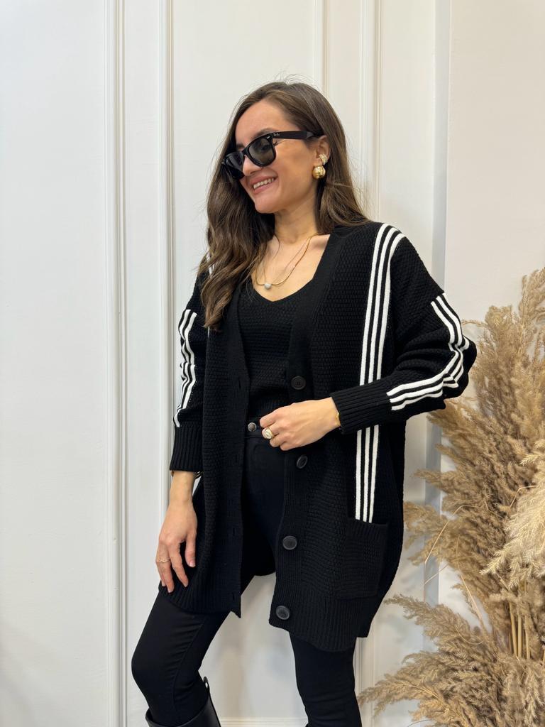 Siyah Çizgili Crop Hırka Takım 0023