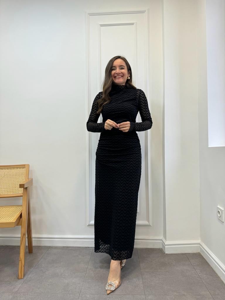 Siyah Dalga Desenli Yanları Büzgü Detaylı Elbise 5079