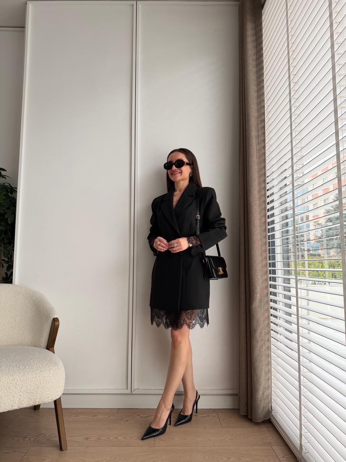 Siyah Dantel Detaylı Ceket Elbise 9659