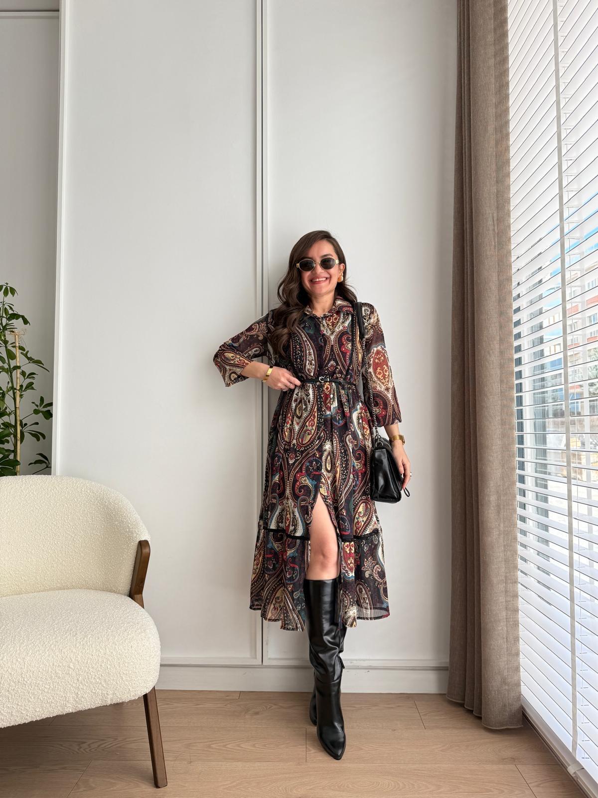 Siyah Dantel Detaylı Şifon Gömlek Elbise 1201