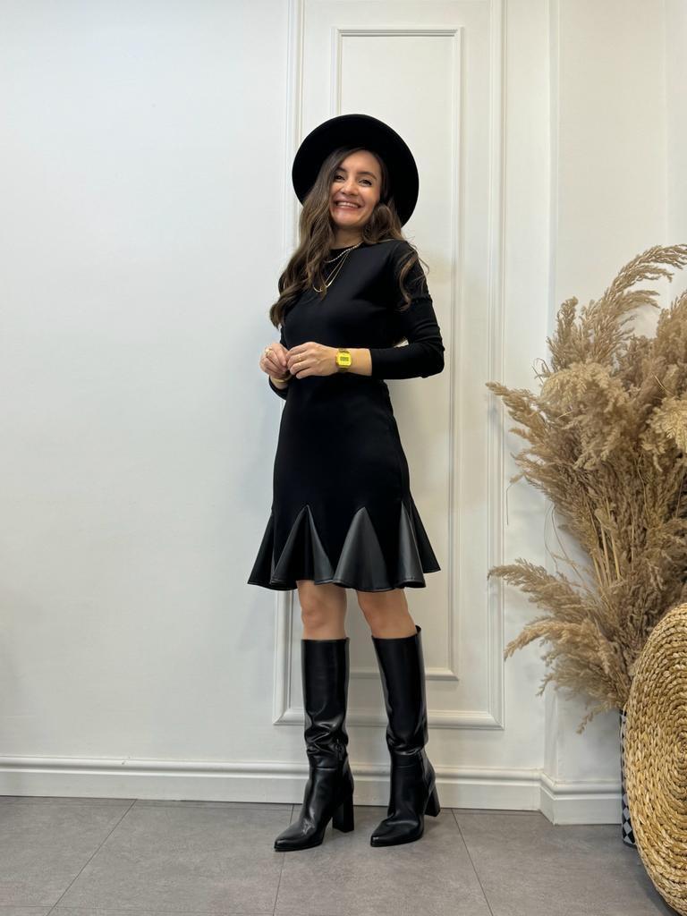 Siyah Deri Detaylı Mini Boy Elbise 157013