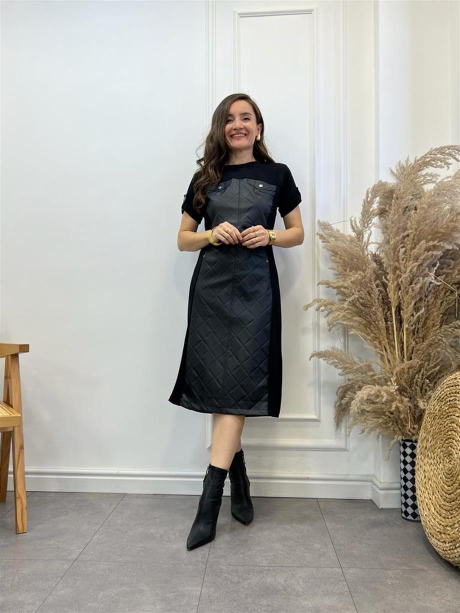 Siyah Deri Detaylı Tasarım Elbise 28134