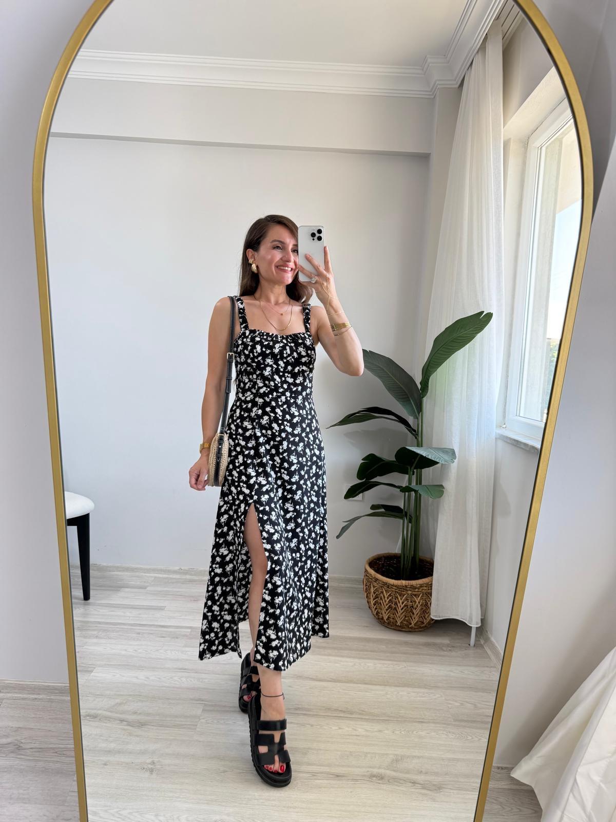 Siyah Desenli Askılı Elbise 2538