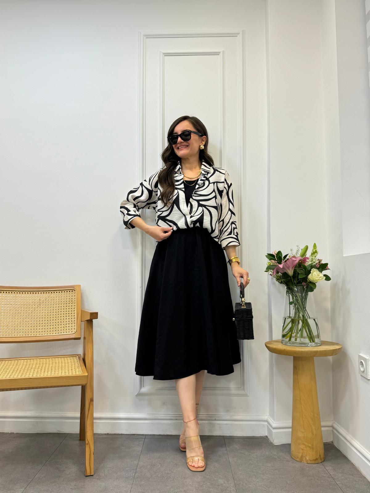 Siyah Desenli Gömlek Detaylı Elbise M53