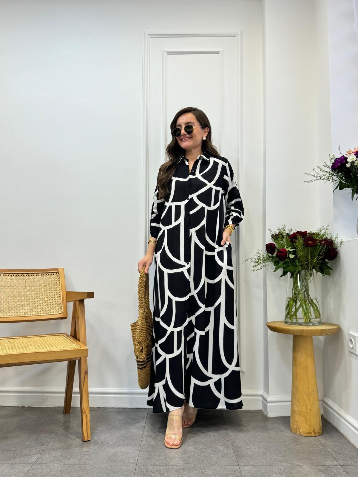 Siyah Desenli Gömlek Elbise 3033