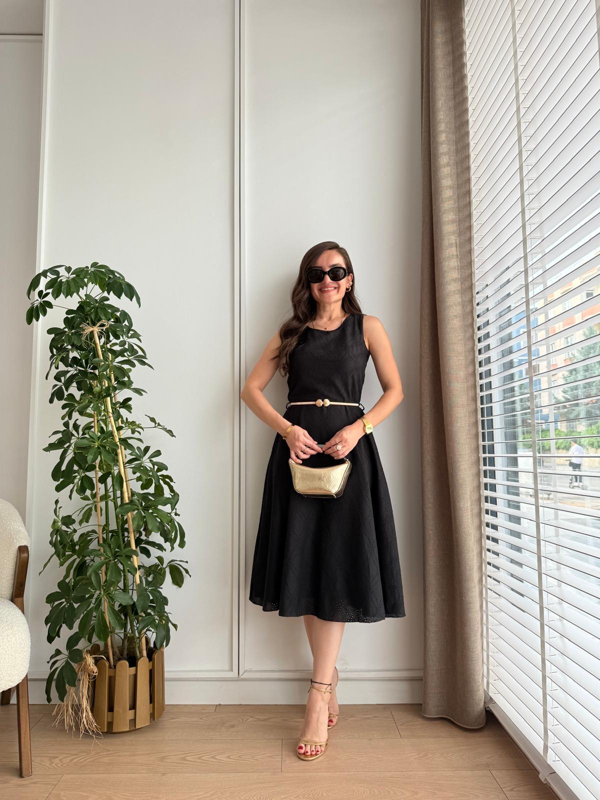 Siyah Desenli Halat Kemerli Elbise 26095