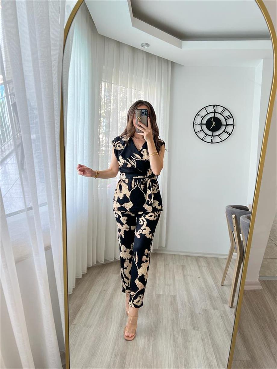 Siyah Desenli Kuşaklı Yelek Pantolon Takım 715