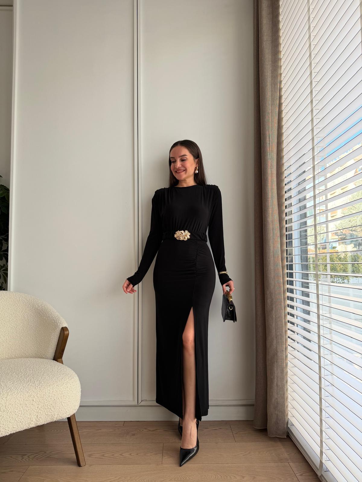 Siyah Drape Detaylı Kemerli Elbise 112114