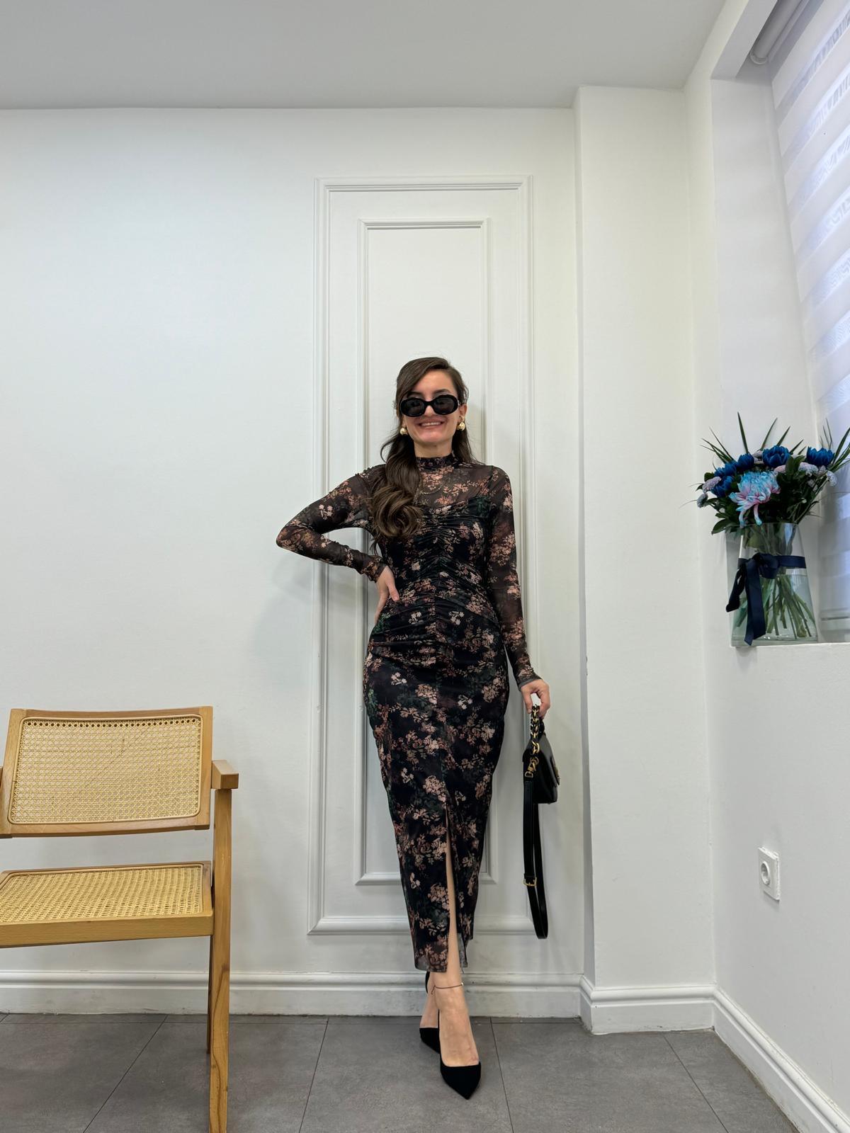 Siyah Drapeli Çiçek Desenli Tül Elbise 3589