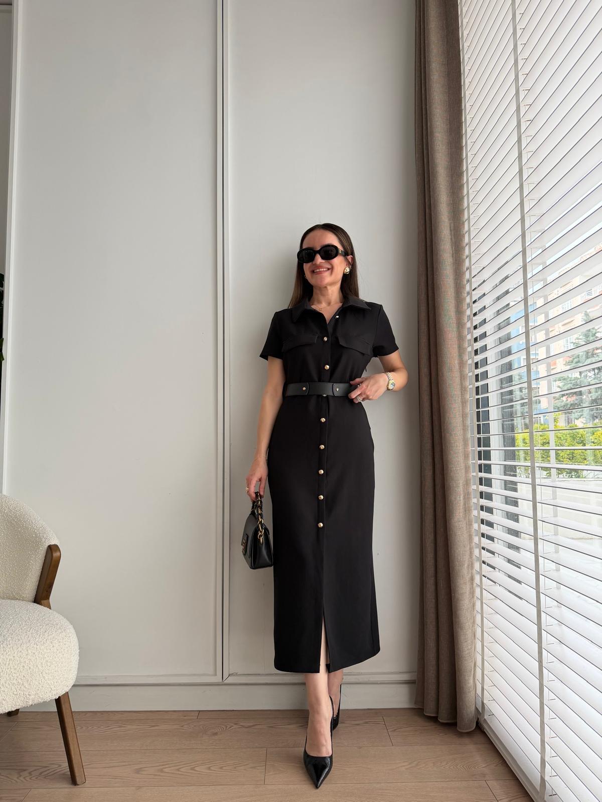 Siyah Düğme Detaylı Kemerli Gömlek Elbise 37258