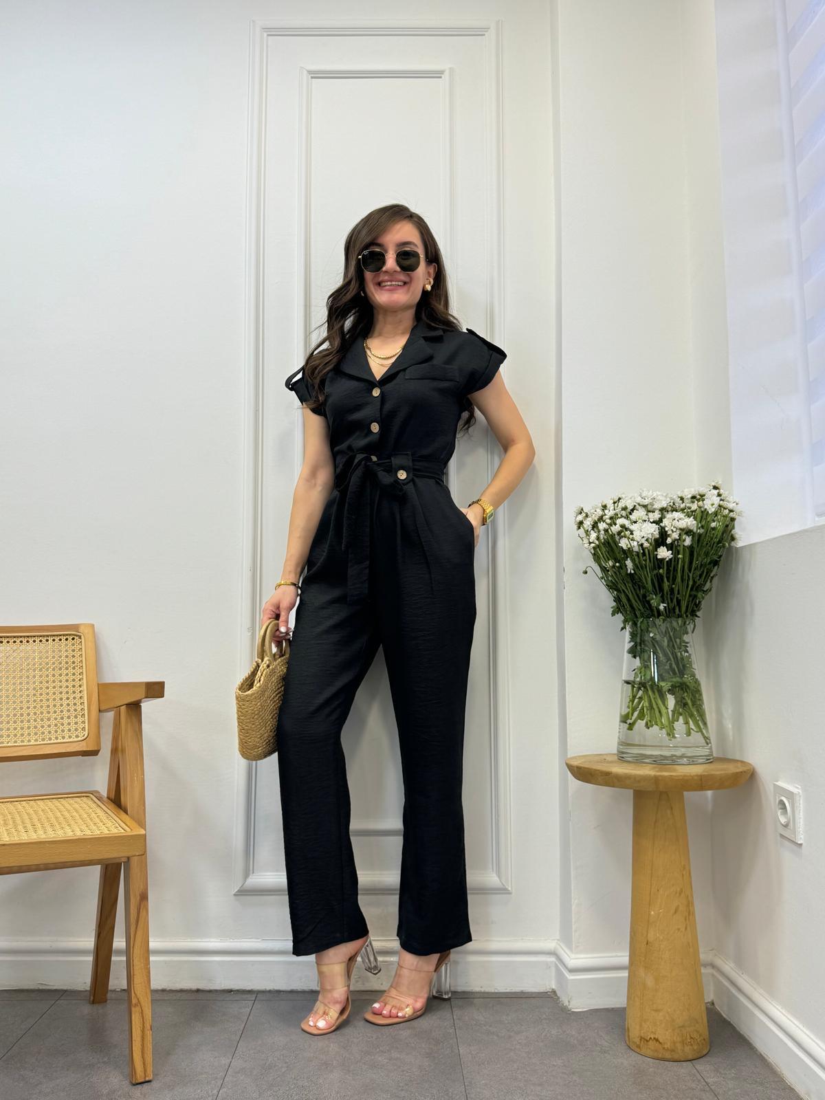 Siyah Düğme Detaylı Kuşaklı Tulum 4046