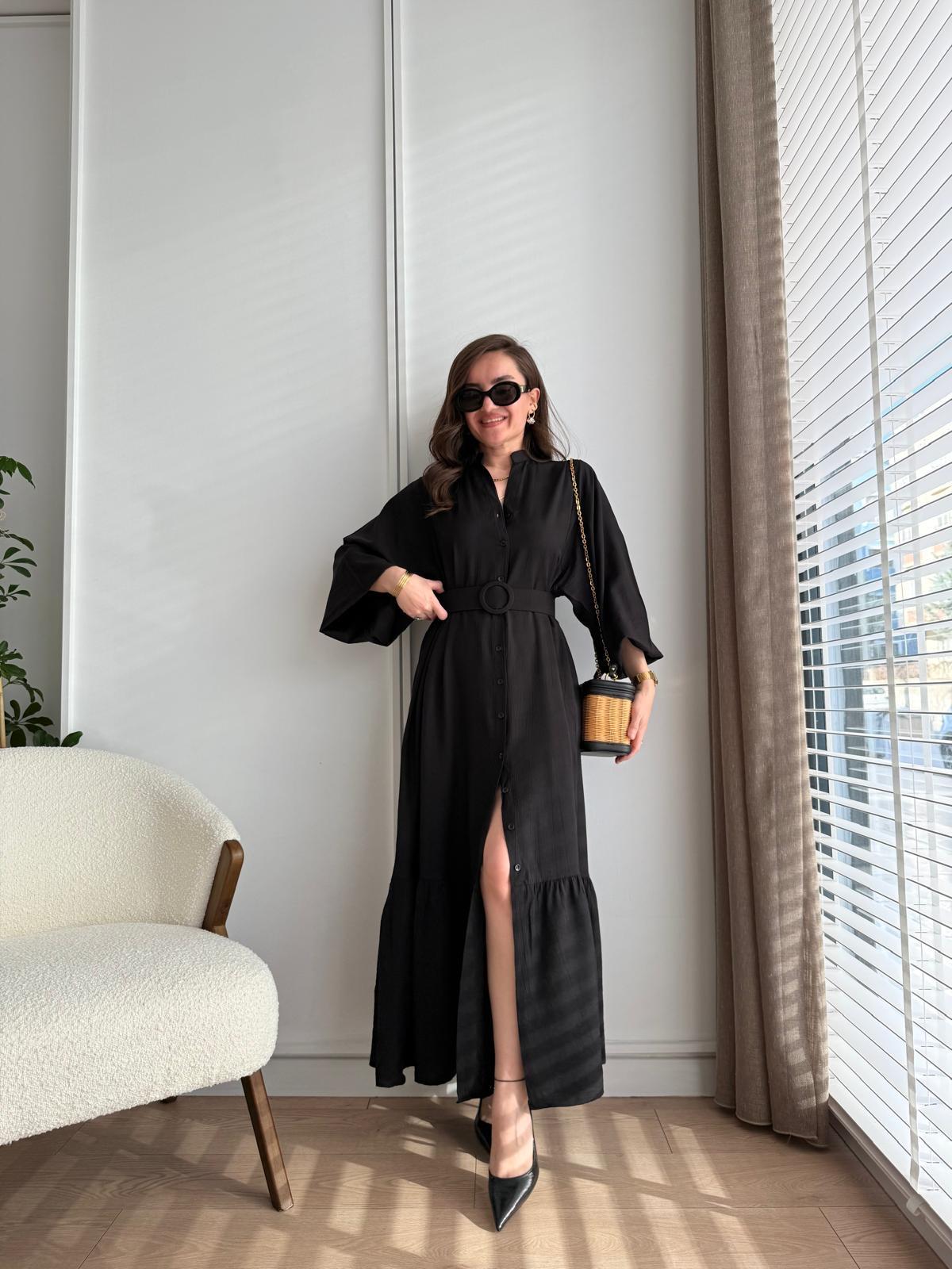 Siyah Düğmeli Kemer Detaylı Elbise 517