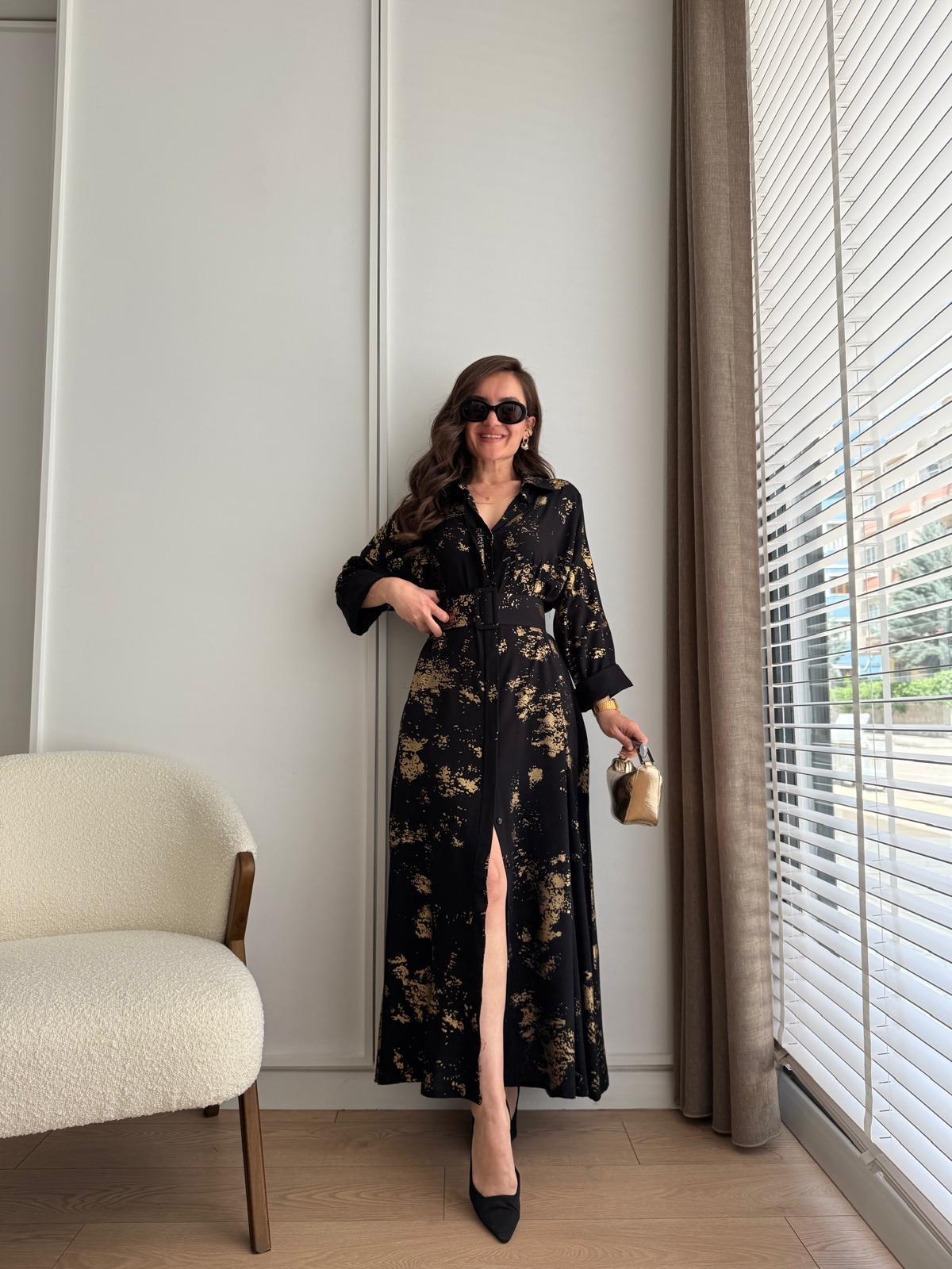 Siyah Düğmeli Kemer Detaylı Varaklı Elbise 005