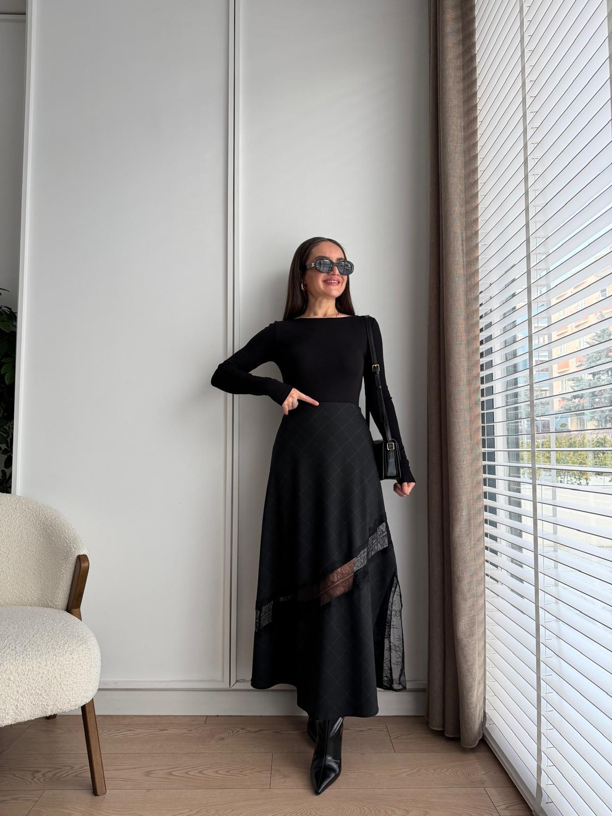 Siyah Ekose Desen Dantel Detaylı Etek 37128