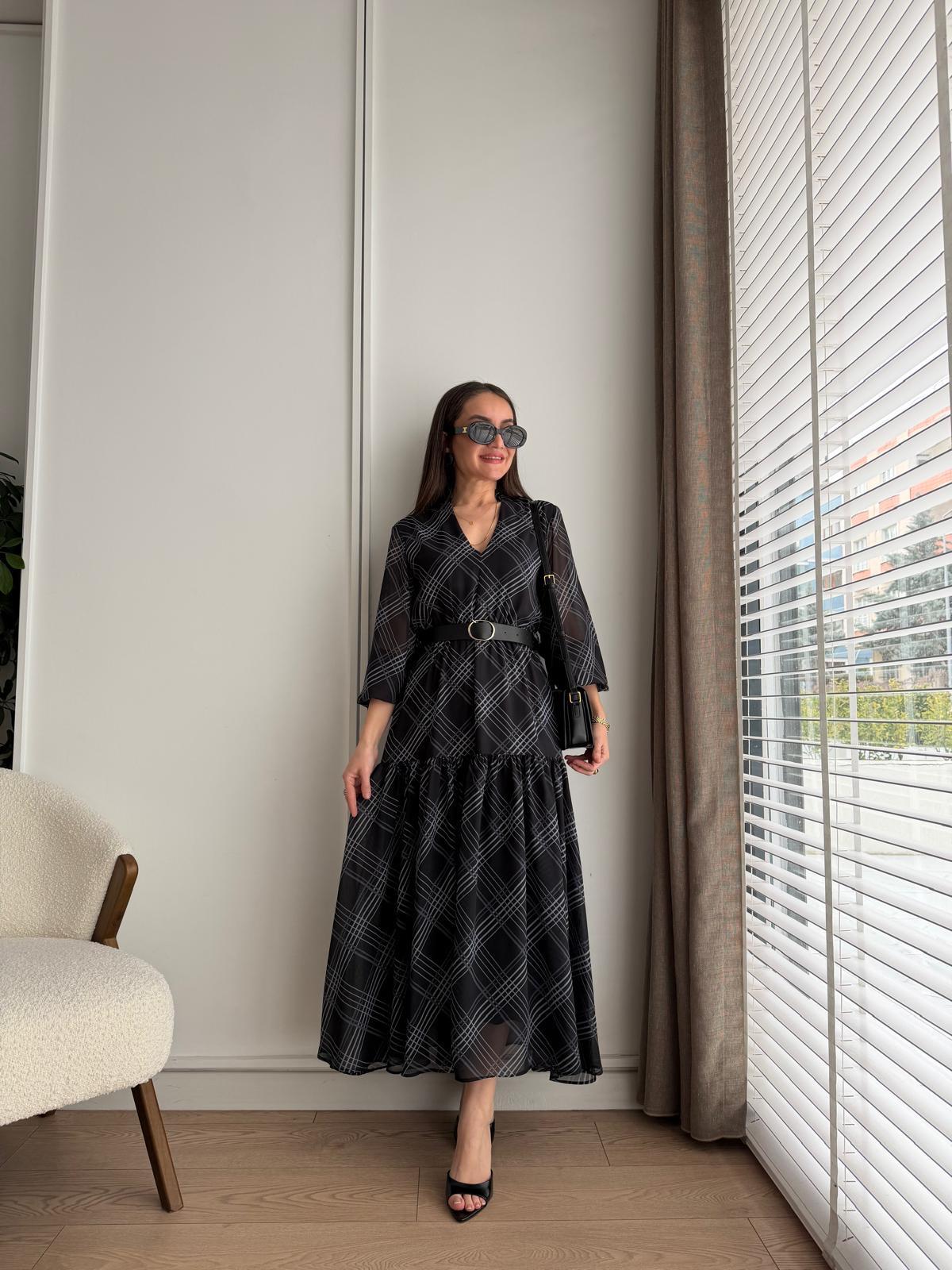 Siyah Ekose Desen Kemerli Şifon Elbise 3033