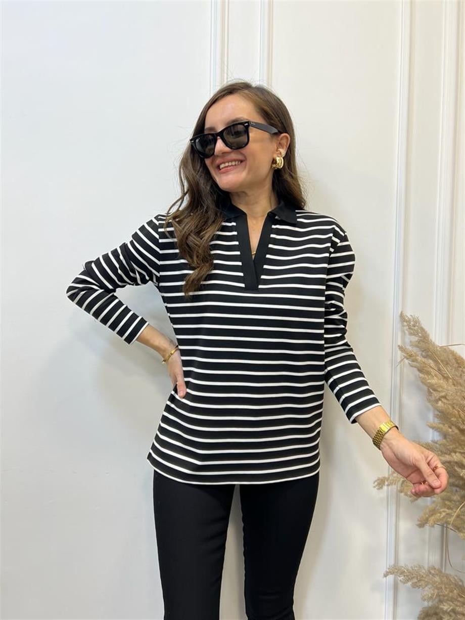 Siyah Ekru Çizgili Polo Yaka Sweatshirt 3010