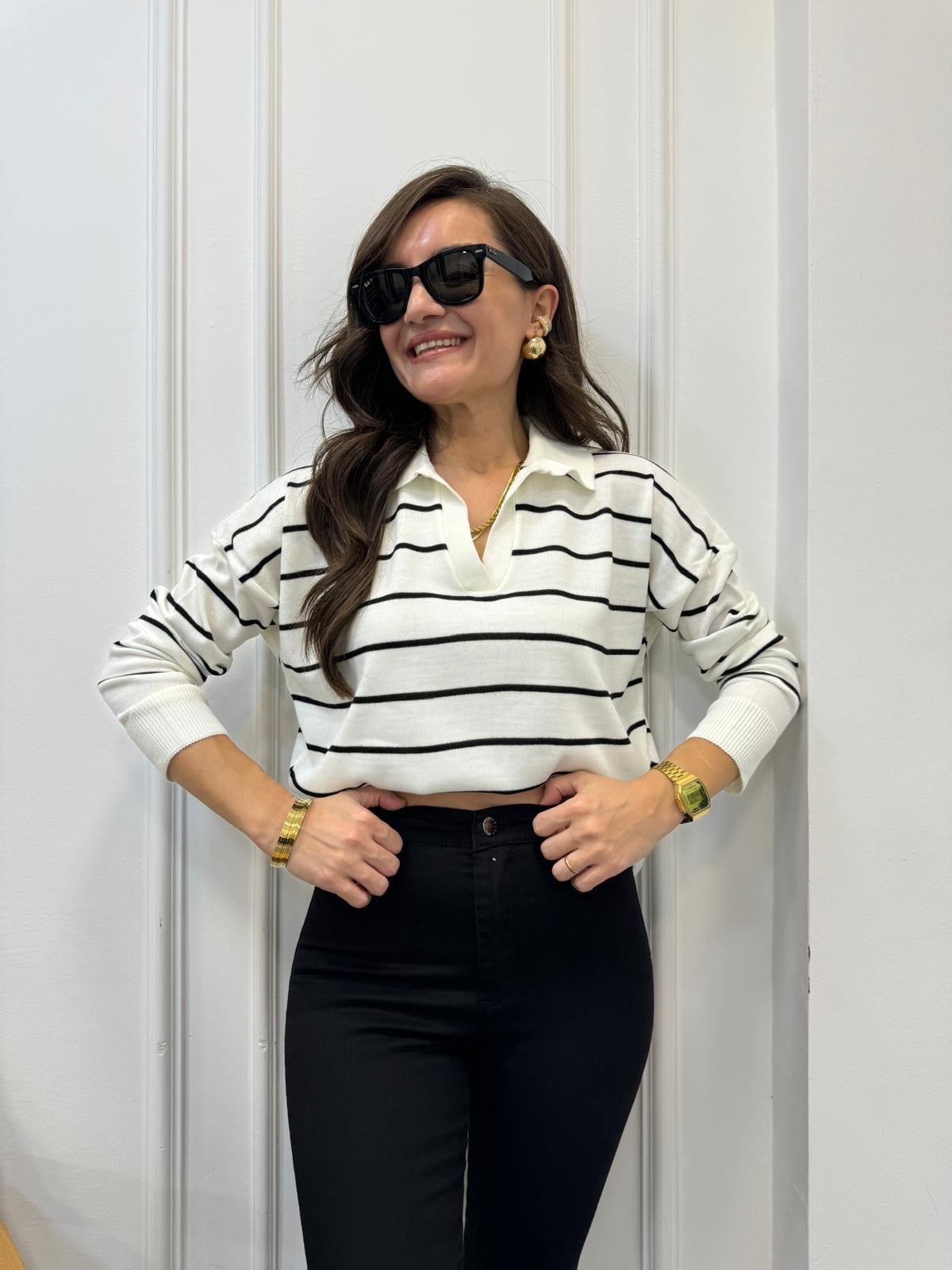Siyah Ekru Çizgili Polo Yaka Triko Bluz 3276