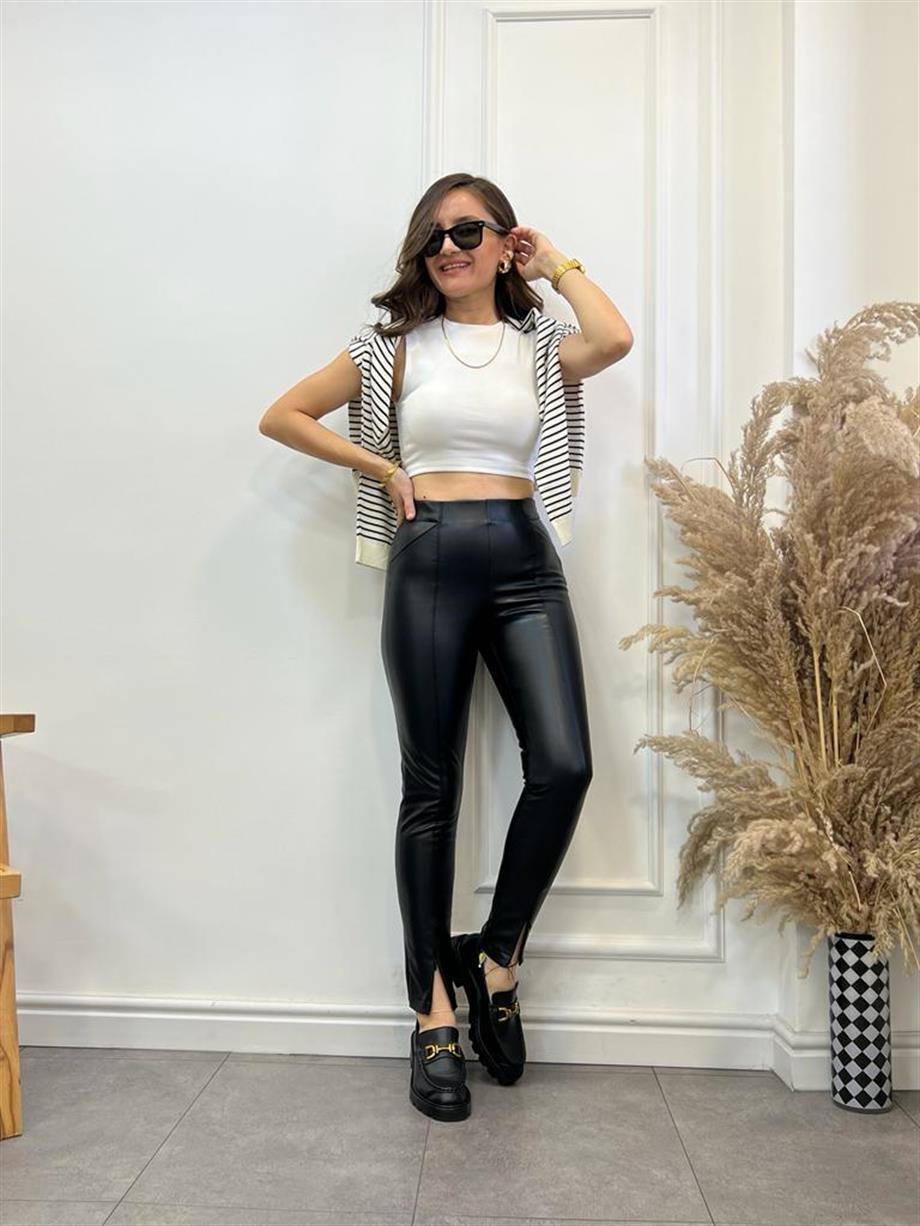 Siyah Fermuarlı Deri Pantolon 7866