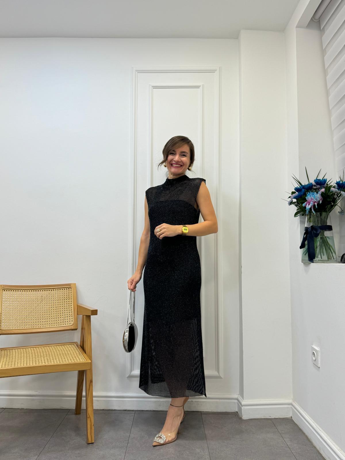 Siyah File Simli İçi Astarlı Tasarım Elbise 29167