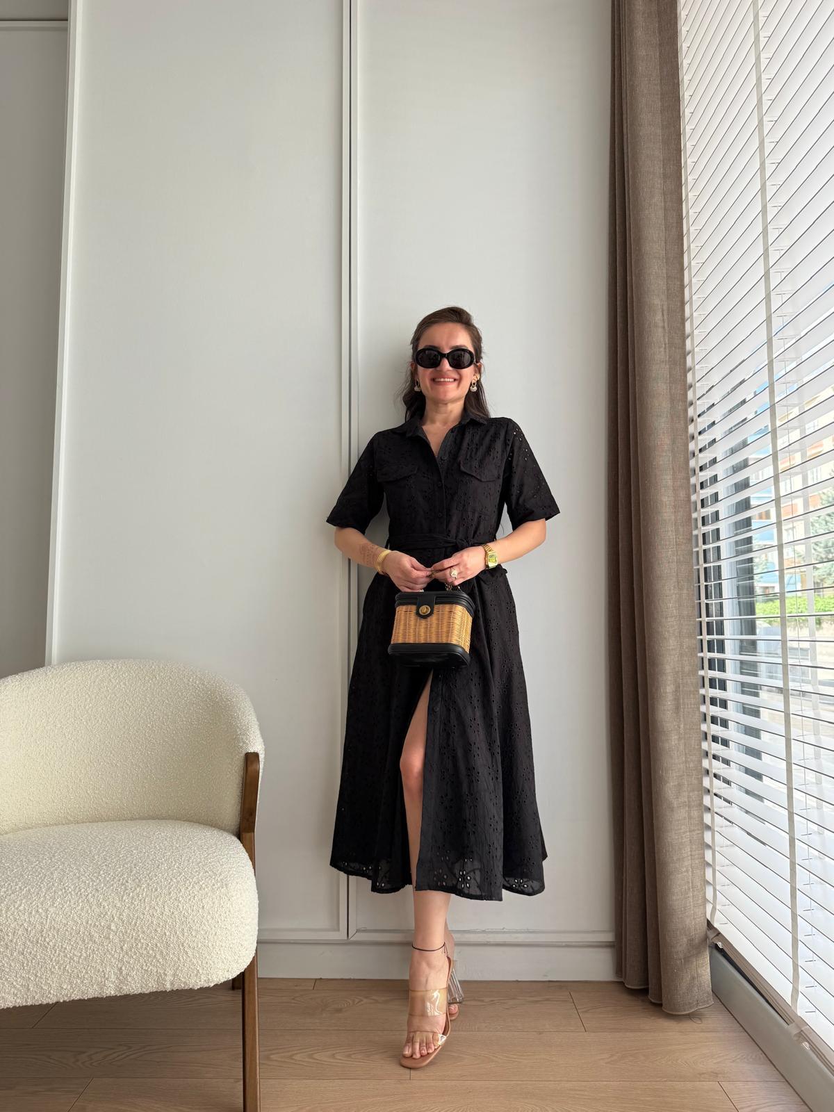 Siyah Fisto Kumaş Yarım Kol Gömlek Elbise 1021