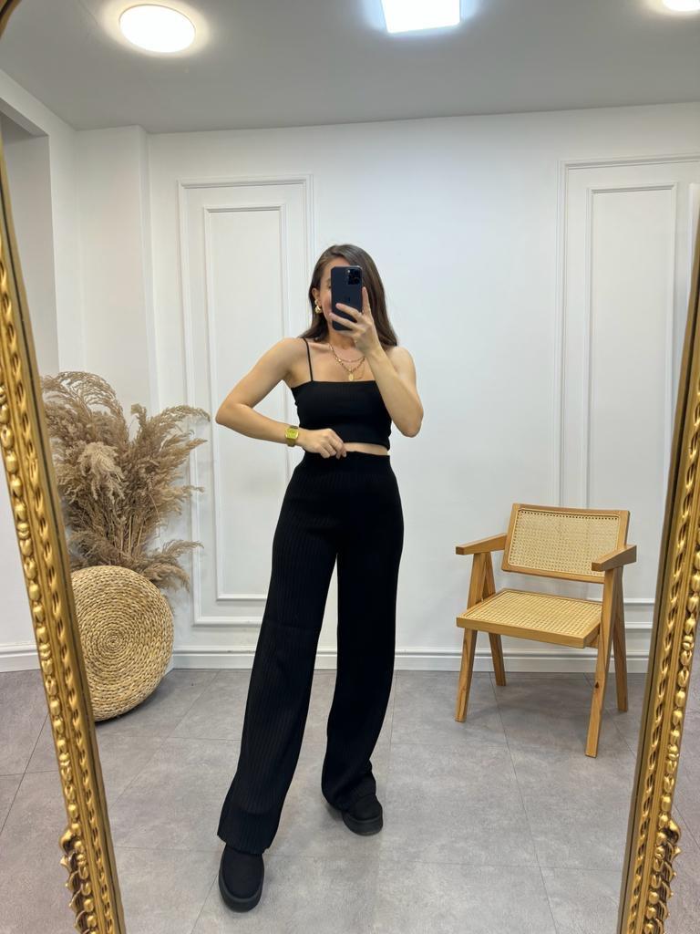 Siyah Fitilli Triko Palazzo Pantolon 4138