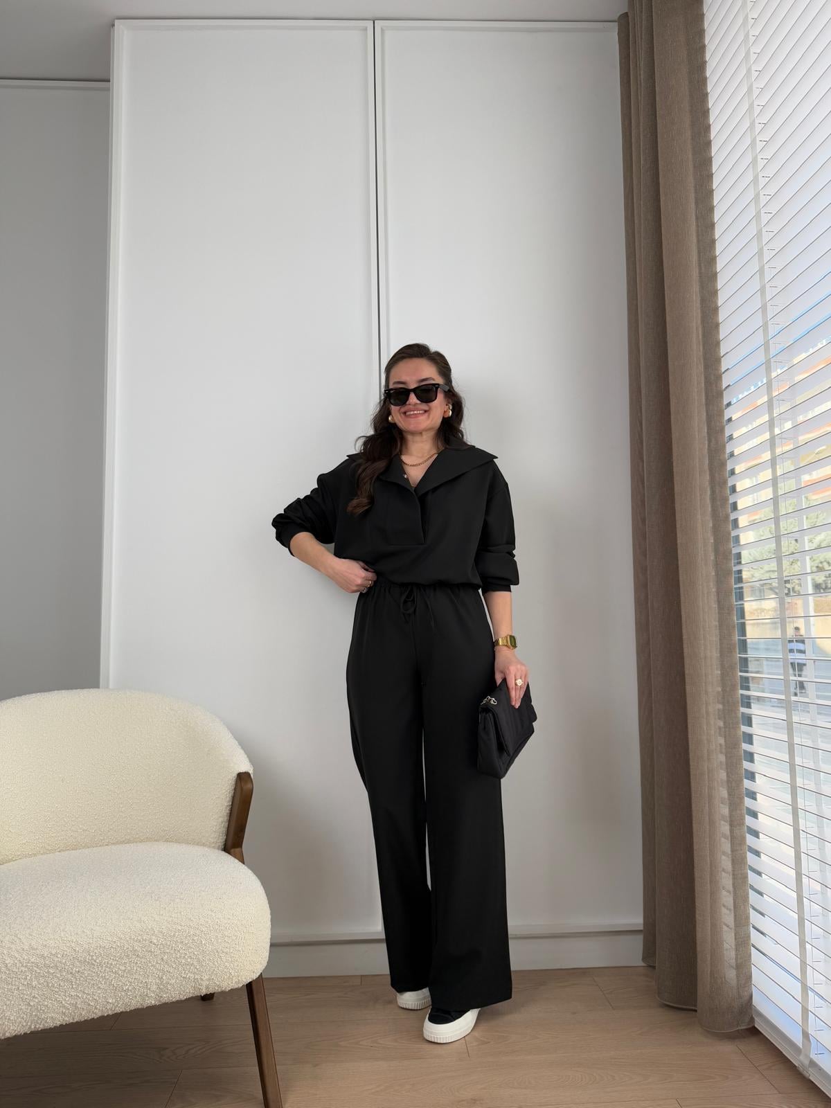 Siyah Garnili Kumaş Alt Büzgülü Geniş Paça Pantolon Takım 35806