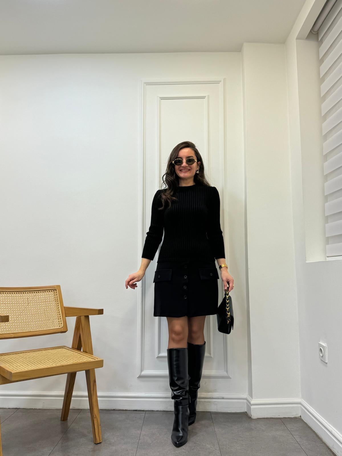 Siyah Garnili Triko Detaylı Elbise 34057