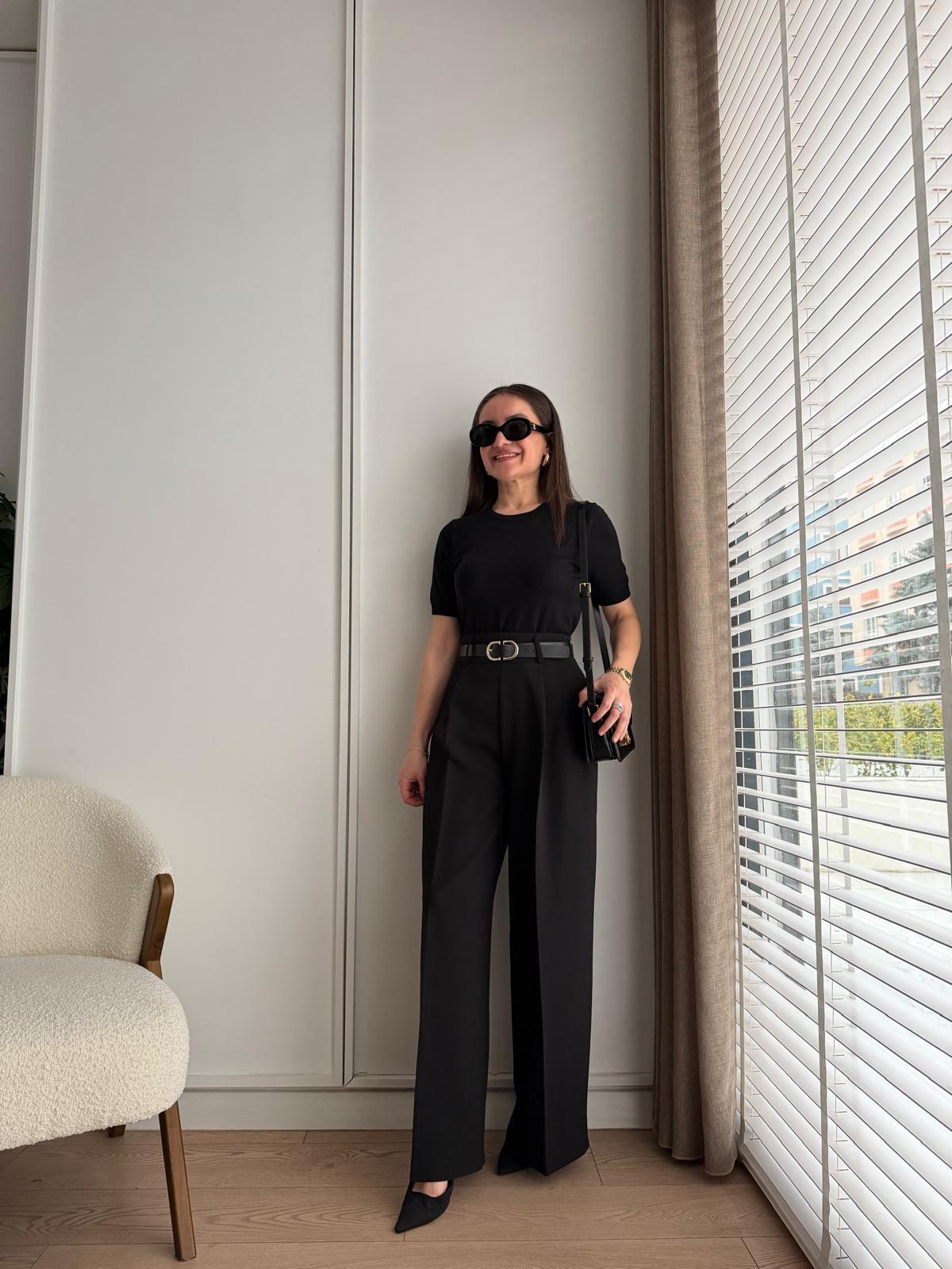 Siyah Geniş Kemerli Pensli Palazzo Pantolon 51266