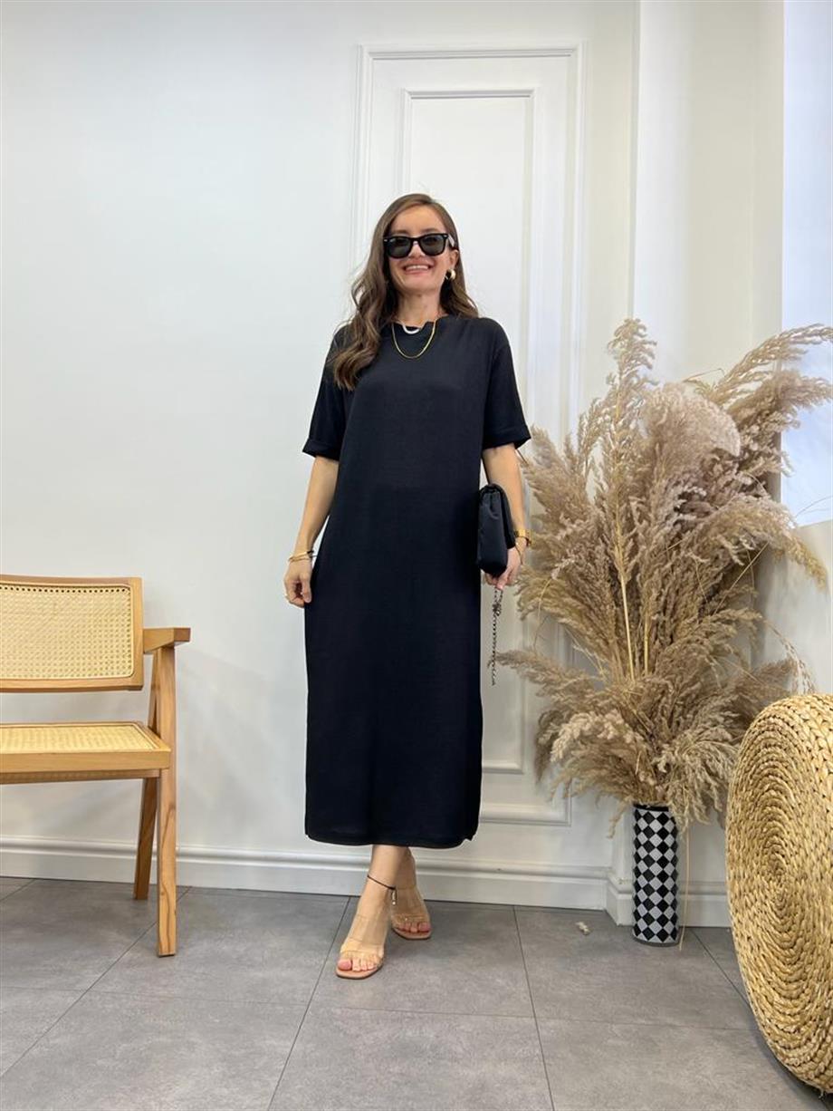 Siyah Gofre Kumaş Yırtmaçlı Basic Elbise 0411