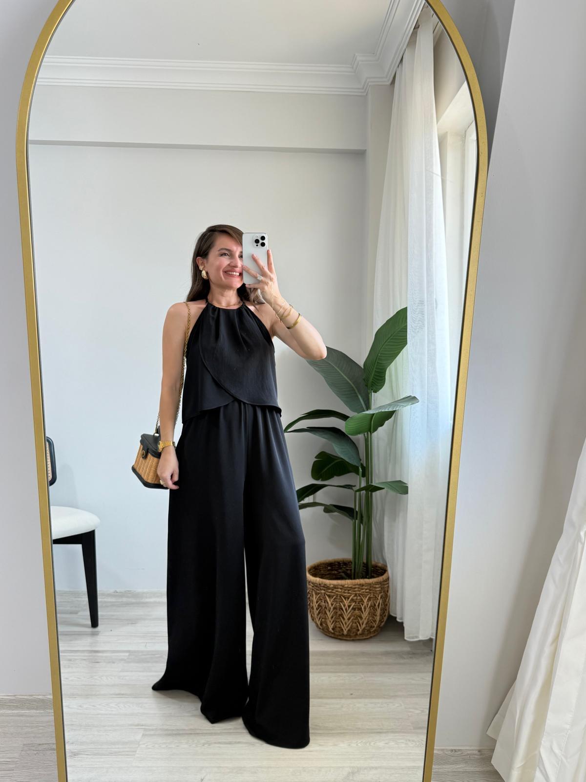 Siyah Göğüs Drape Detaylı Bluz Pantolon Takım 5215