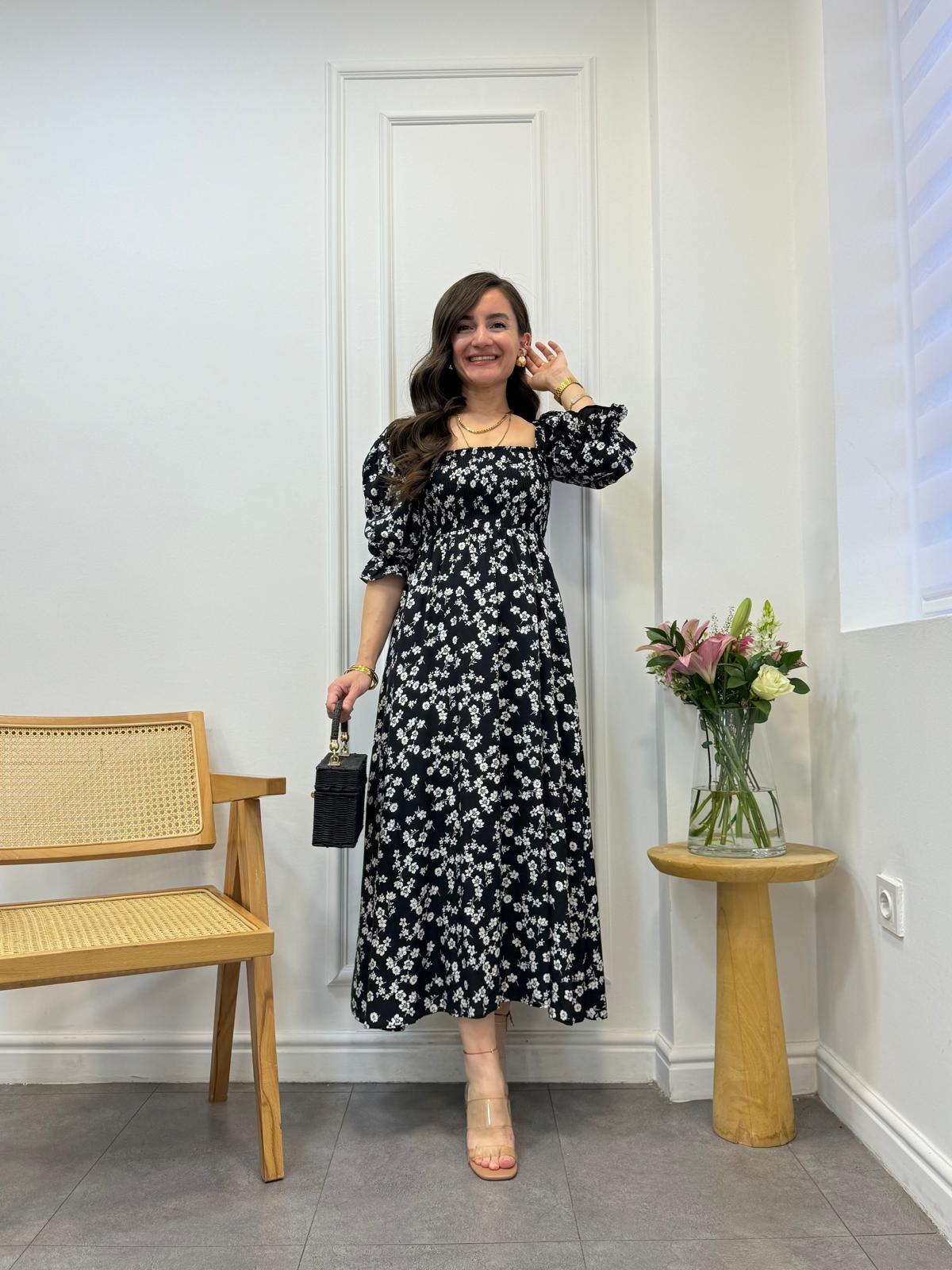 Siyah Göğüs Gipeli Çıtır Desen Elbise 3105