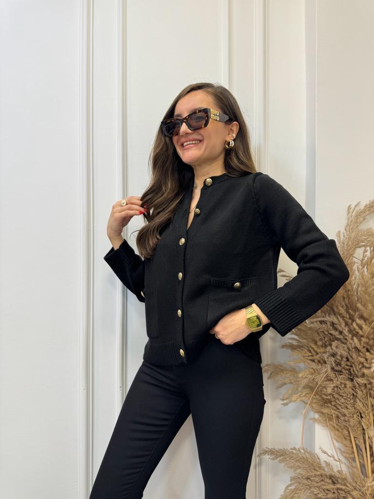 Siyah Gold Düğme Detaylı Cepli Hırka 4173