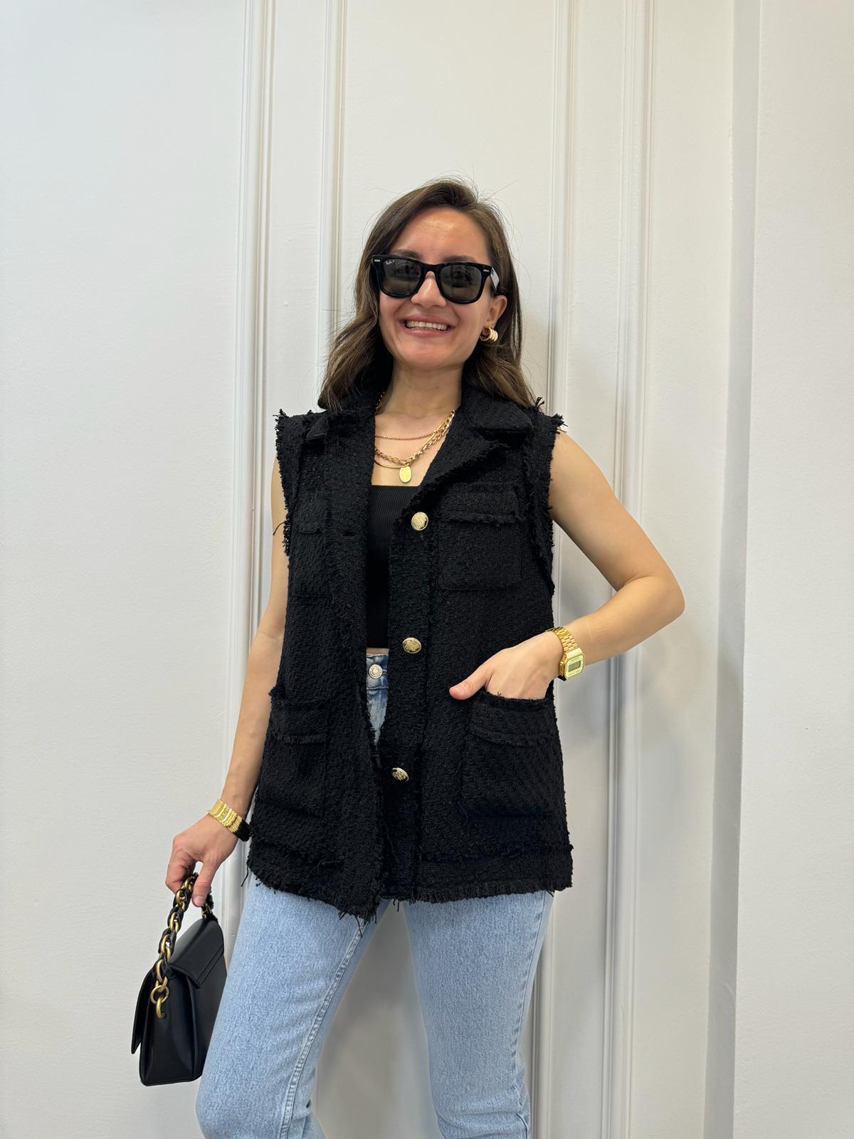 Siyah Gold Düğme Detaylı Orjinal Marka Tüvit Yelek 2049